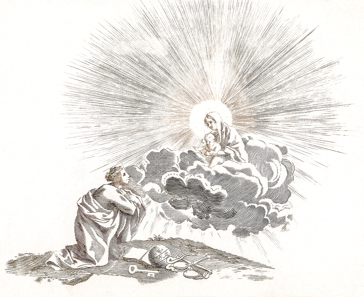 Woman praying to Mary and Child by Johan Teyler (1648-1709). Original from The Rijksmuseum. Digitally enhanced by rawpixel.